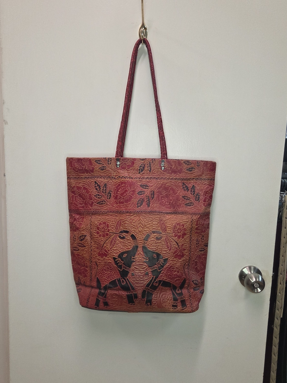 Vintage Tooled Leather Tote bag with Elephant and floral motif